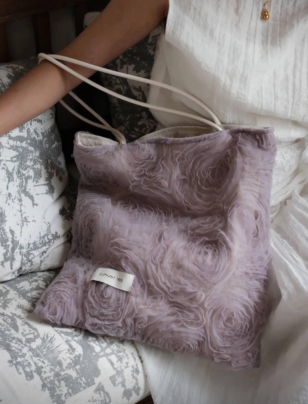 【045】Mauve Rose Tulle Shoulder Bag – Romantic Grey Purple Tote