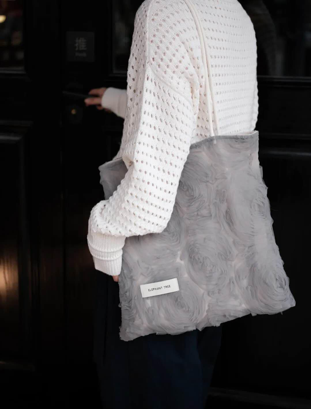 【046】Grey Rose Tulle Shoulder Bag – Romantic Grey Rose Tote