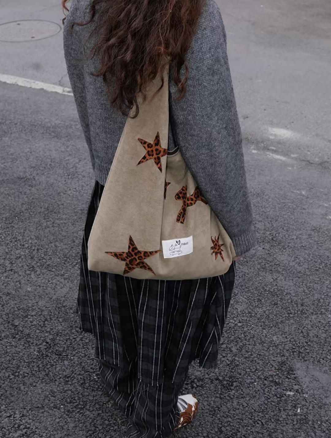 【038】Suede Hobo Bag - Leopard Star Pony Patchwork Shoulder Tote
