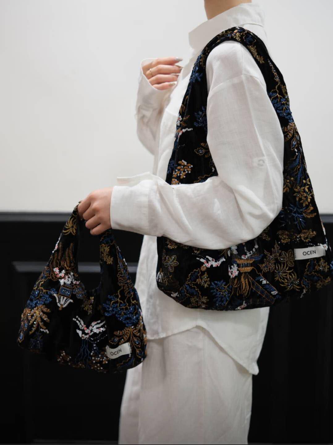 【035】Black Velvet Sequin Hobo Bag – Large Floral Beaded Tote Bag