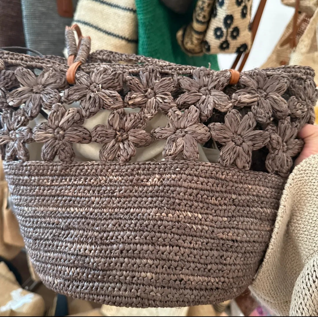 【050】French Riviera Straw Shoulder Bag - Floral Handwowen Raffia Beach Bag