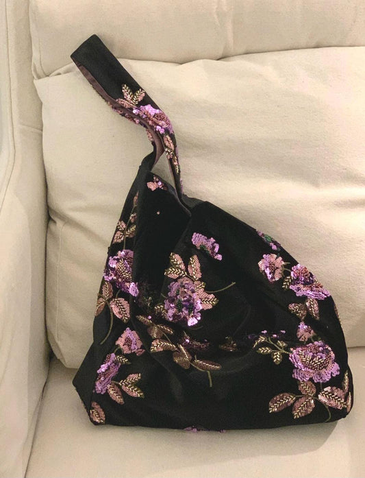 Bloom Spring Handmade Black Velvet Beaded Bag – Sequin Floral Embroidery Shoulder or Crossbody Purse – Elegant Daily Bag | Dusty Rose