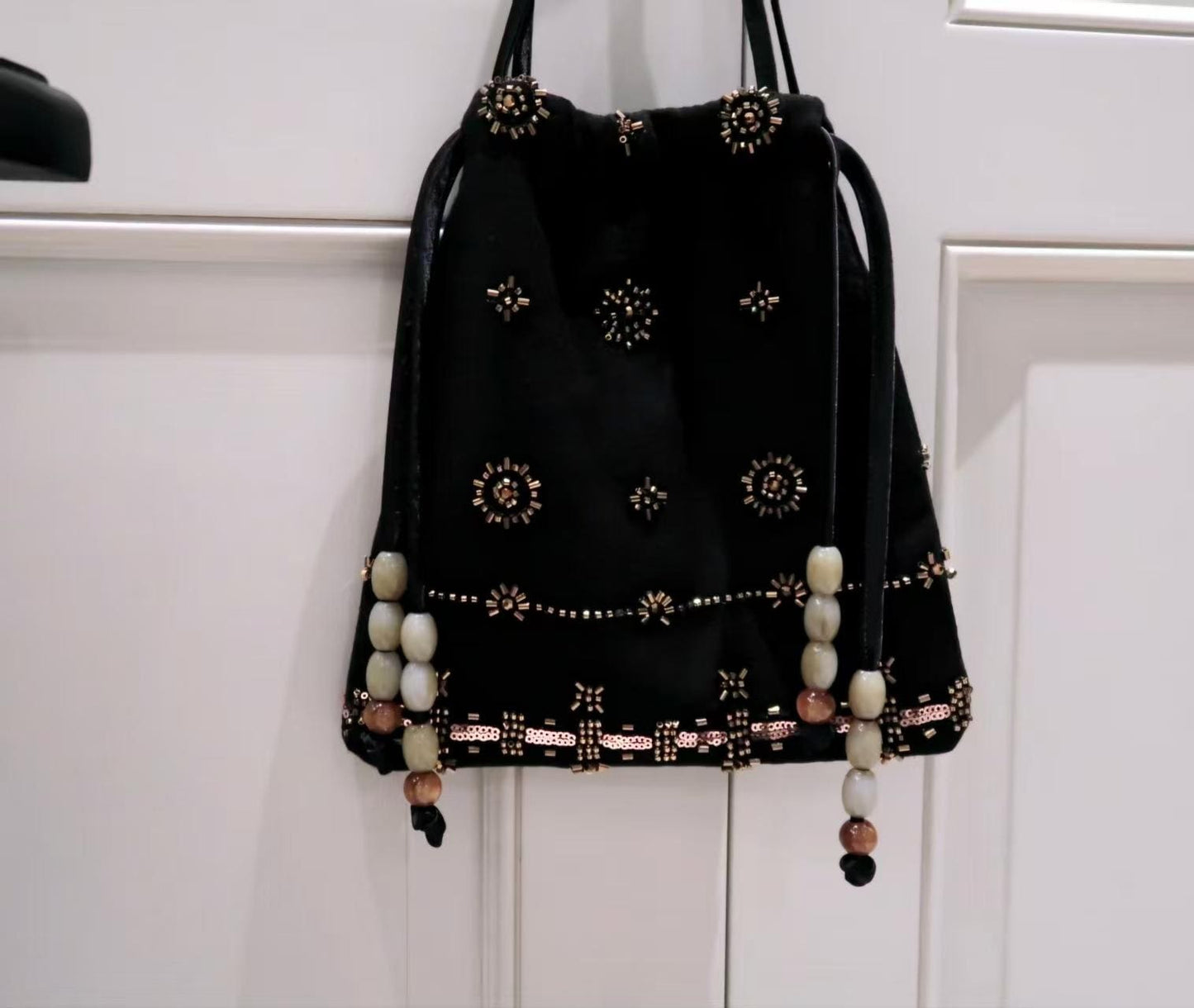 Geometric Beaded Drawstring Bag – Handcrafted Linen Purse with Embroidery | Dusty Rose