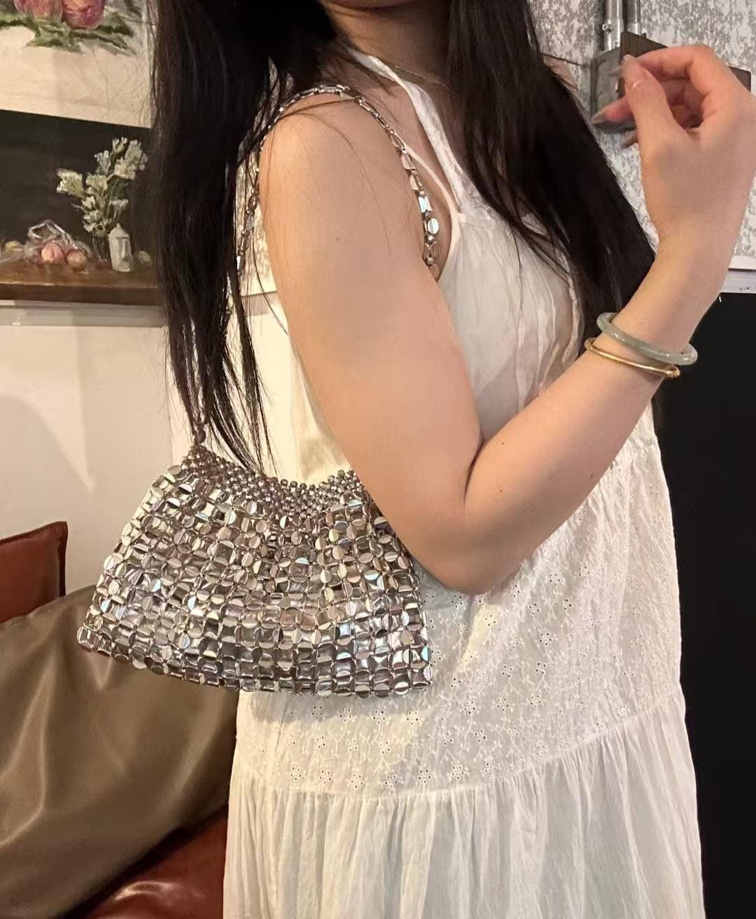 Handmade Silver Beaded Shoulder Bag – 26 × 16.5 cm Elegant Summer Purse | Dusty Rose