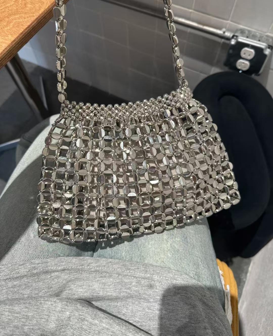 Handmade Silver Beaded Shoulder Bag – 26 × 16.5 cm Elegant Summer Purse | Dusty Rose