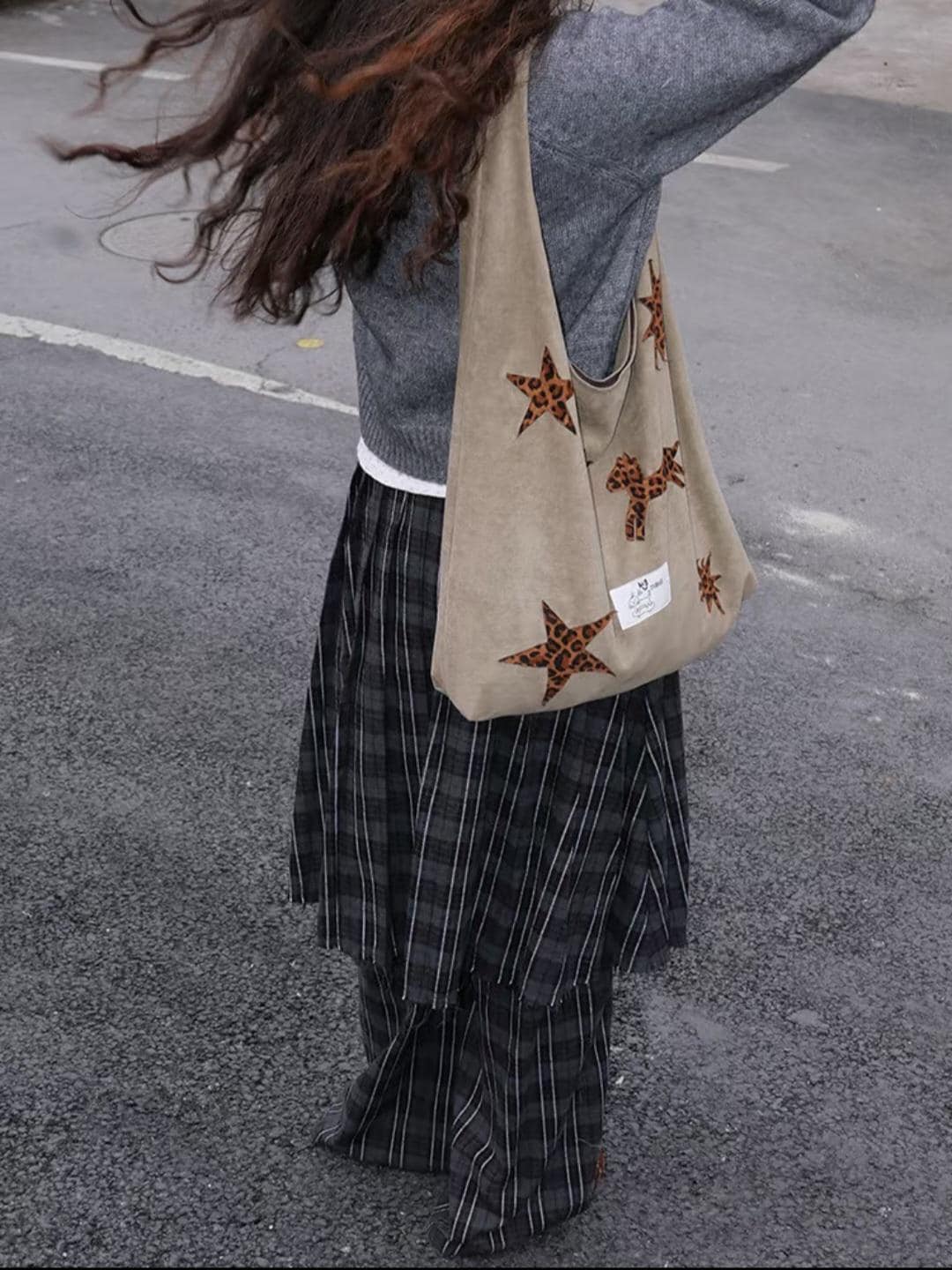 【038】Suede Hobo Bag - Leopard Star Pony Patchwork Shoulder Tote