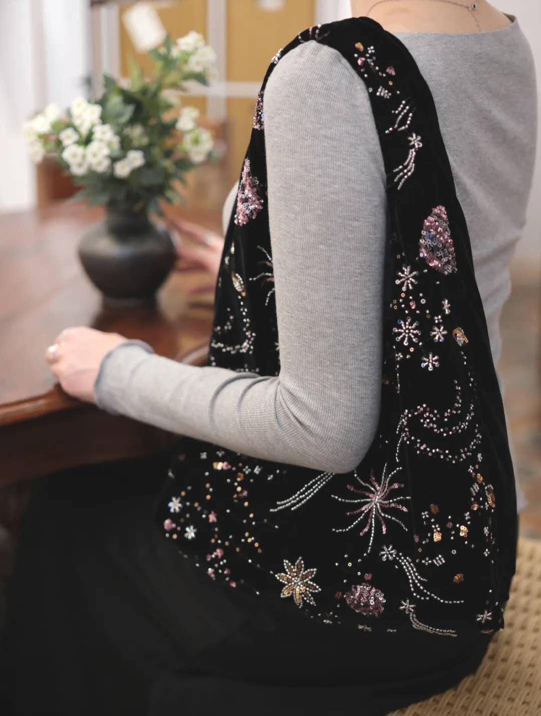 【011】Starlight Velvet Beaded Hobo Bag – Shoulder Bag