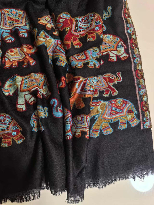 Handwoven Cashmere Scarf – Lucky Elephant Embroidery, Soft Winter Wrap, Sustainable artisan gift