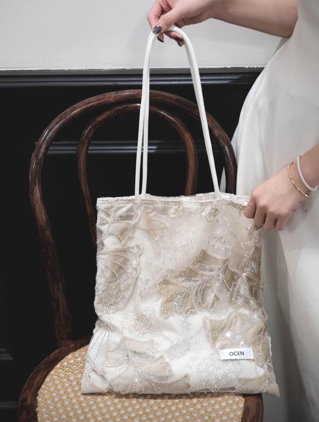 【039】Velvet Beaded Petal Tote Bag – Handmade Embroidered Shoulder Bag