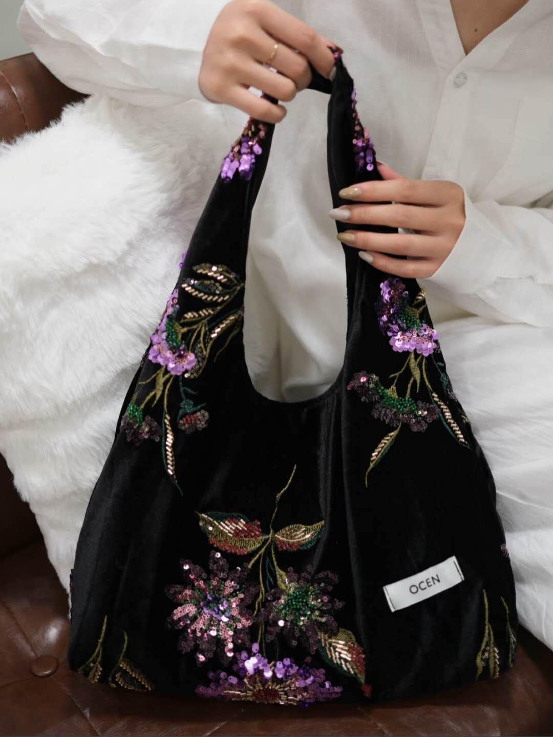 【009】Velvet Sequin Floral Hobo Bag – Oriental Inspired Shoulder Purse