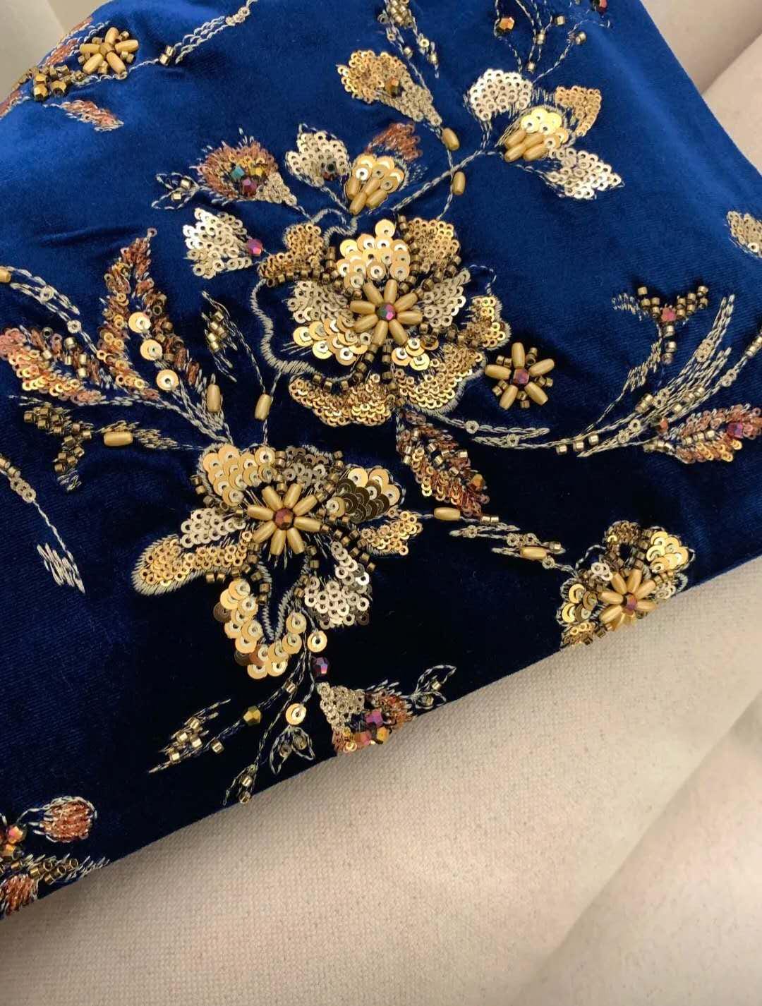 【007】Limited Edition- Blue Velvet Beaded Evening Bag – Gold Floral Embroidery-CHECK SIZE ATTACHED