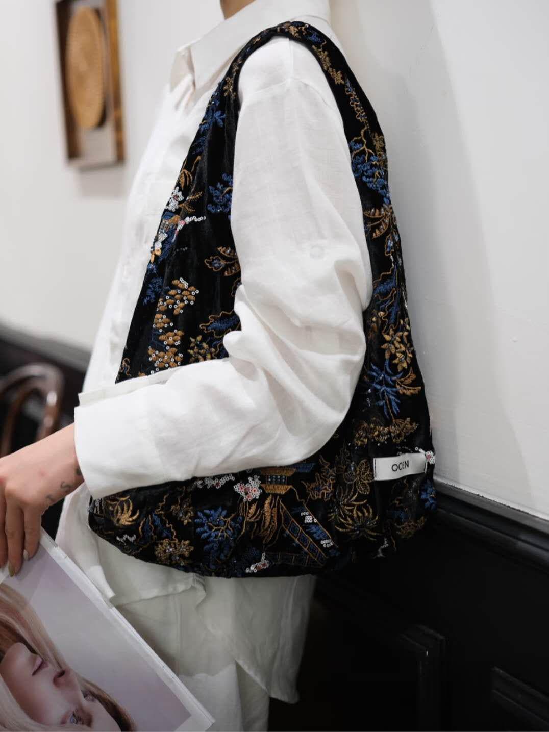 【035】Black Velvet Sequin Hobo Bag – Large Floral Beaded Tote Bag