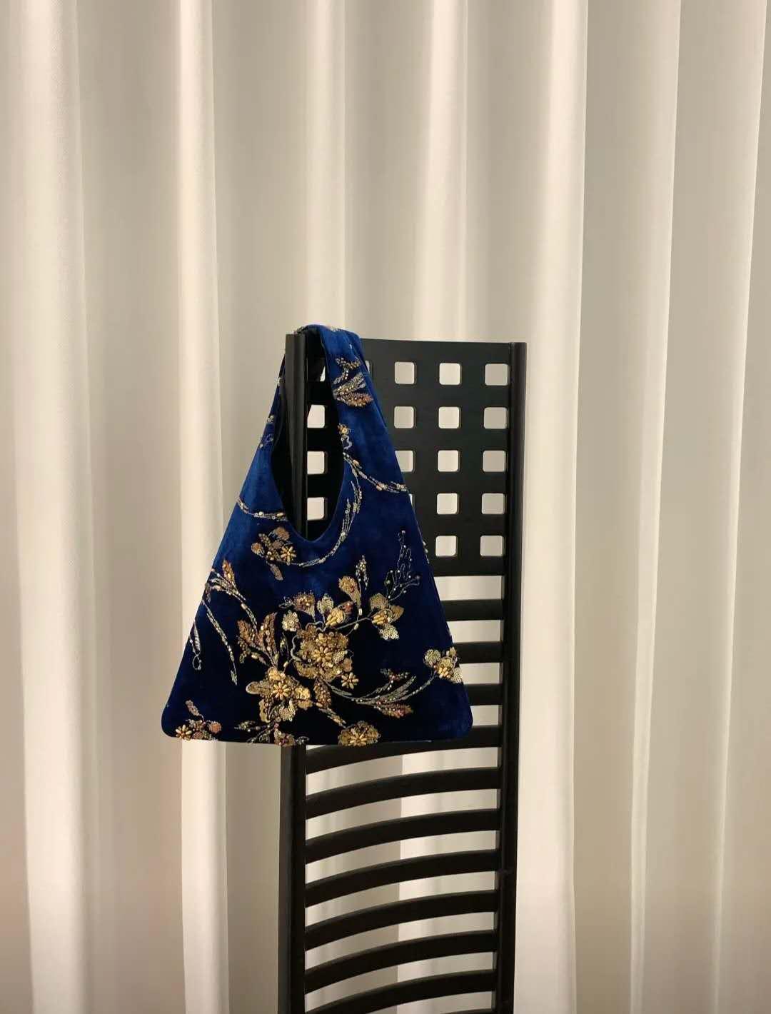 【007】Limited Edition- Blue Velvet Beaded Evening Bag – Gold Floral Embroidery-CHECK SIZE ATTACHED