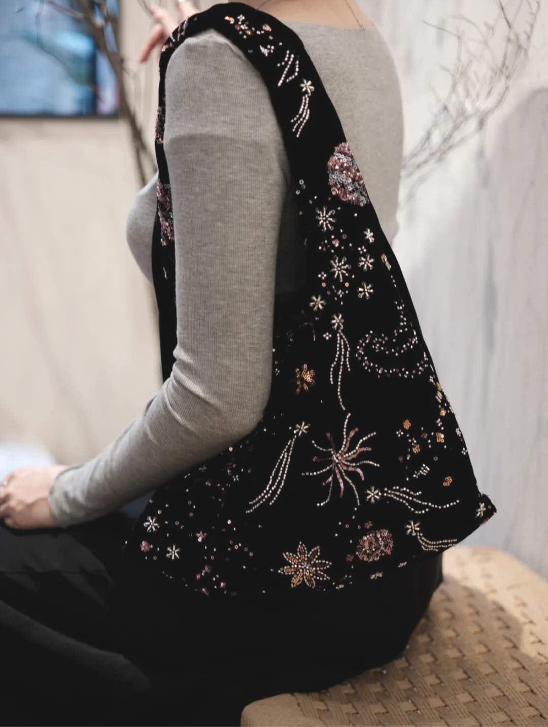 【011】Starlight Velvet Beaded Hobo Bag – Shoulder Bag