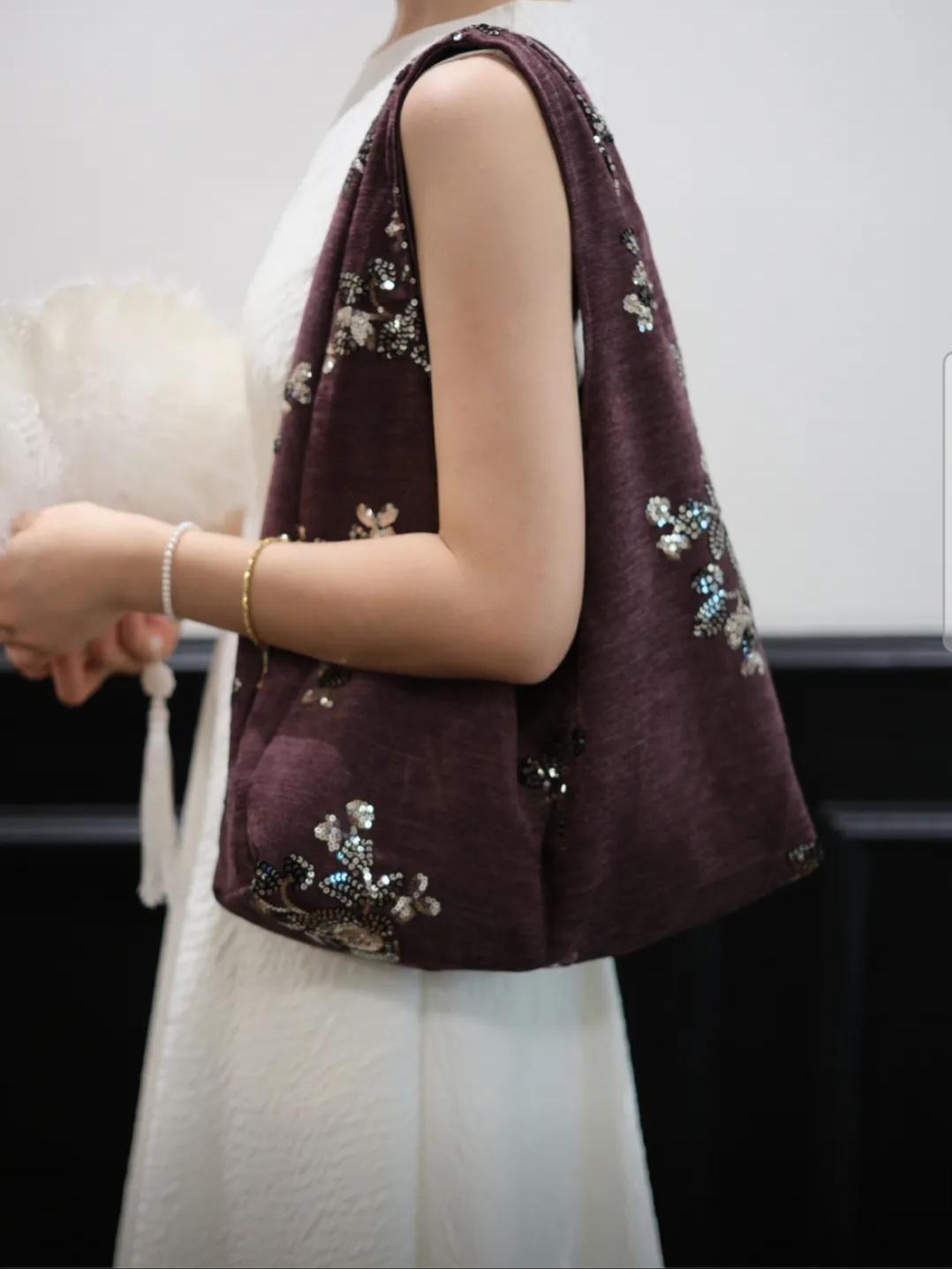 【014】Handmade Angora Red Sequin Hobo Bag - Chenille Shoulder Tote