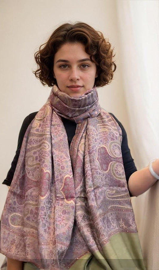 Brick red Kani natural pure cashmere scarf with gourd pattern floral weave and Ethical luxury gift for women