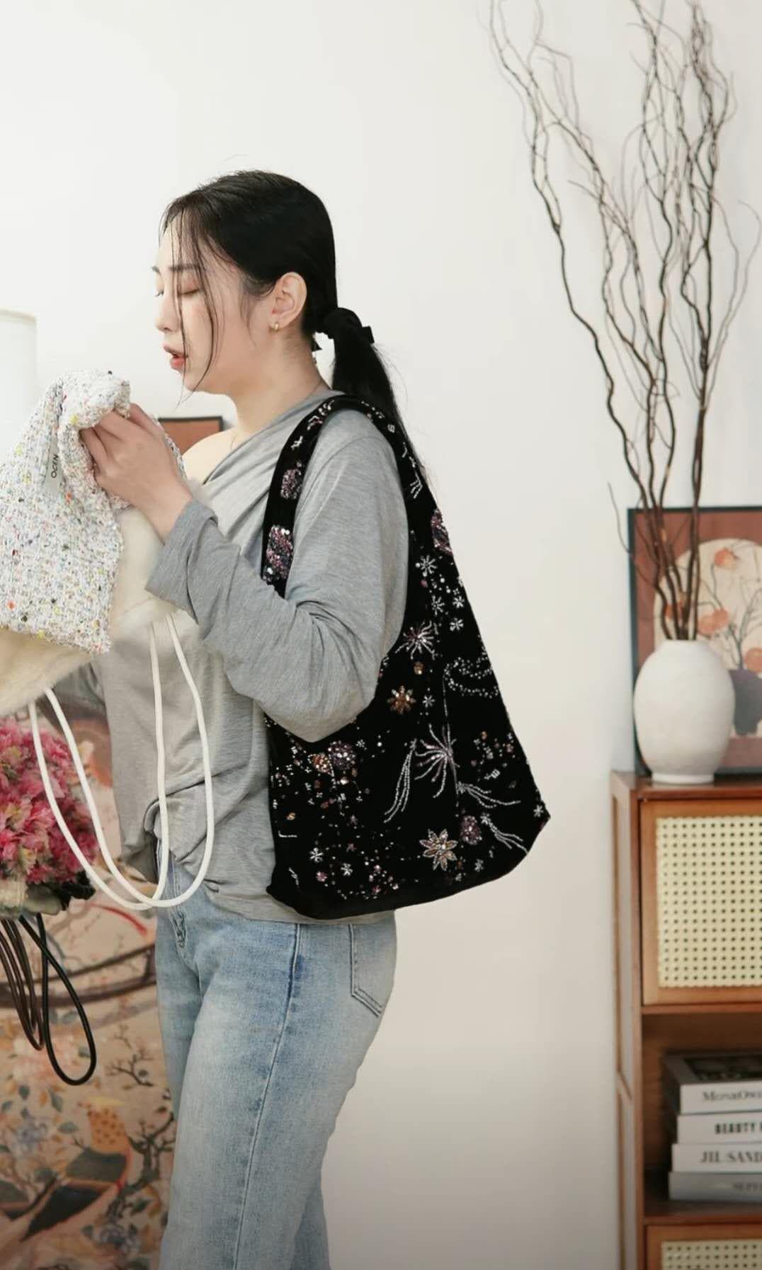 【011】Starlight Velvet Beaded Hobo Bag – Shoulder Bag