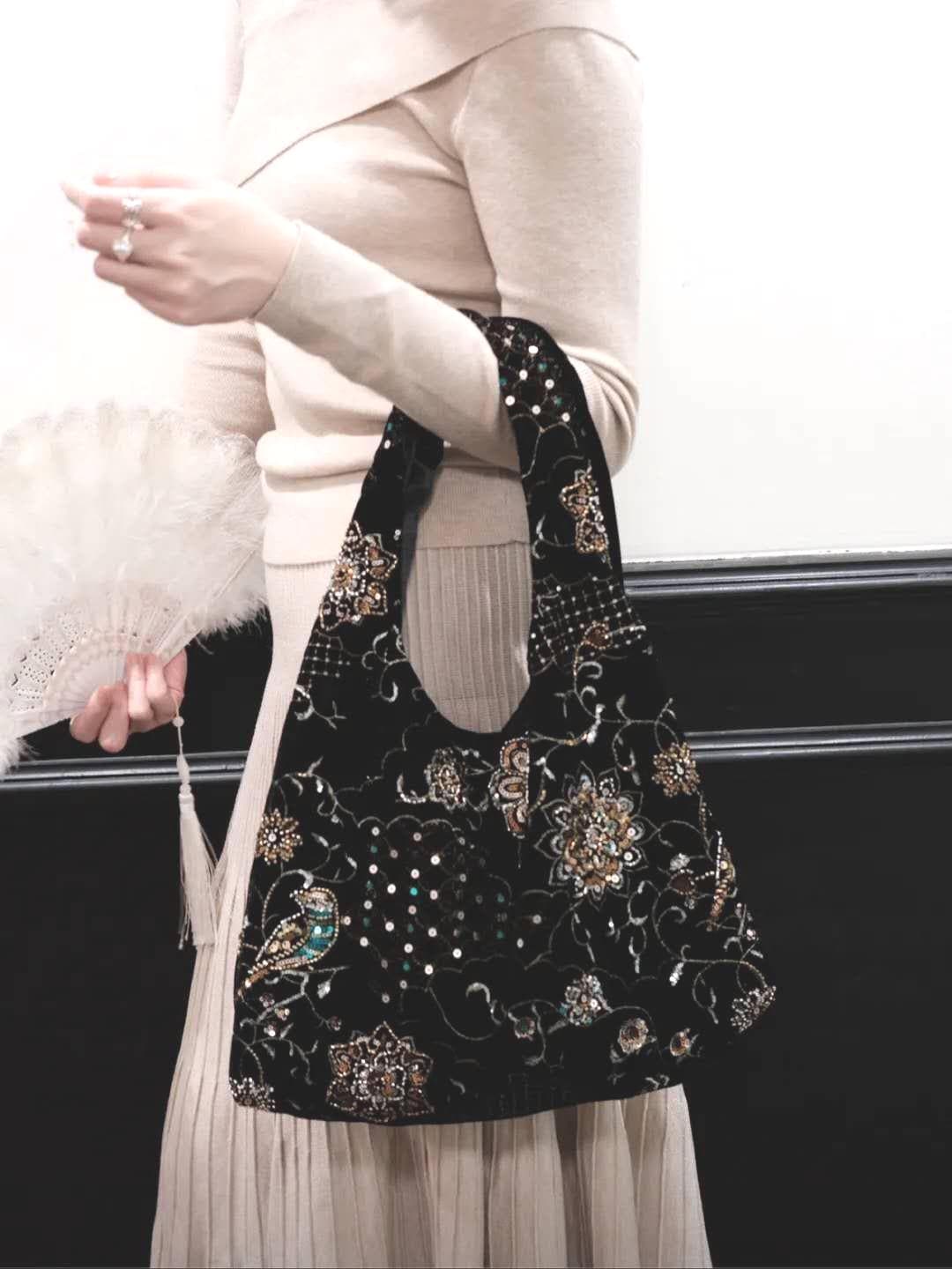 【017】Velvet Embroidered Bird & Floral Beaded Hobo Bag