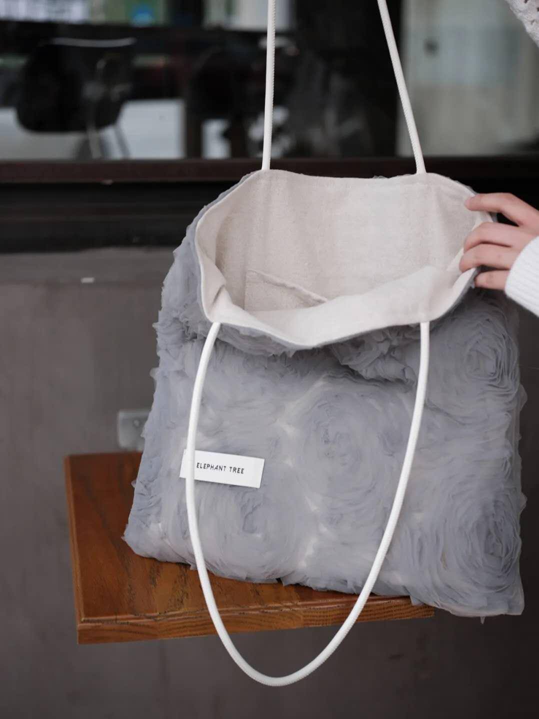 【046】Grey Rose Tulle Shoulder Bag – Romantic Grey Rose Tote