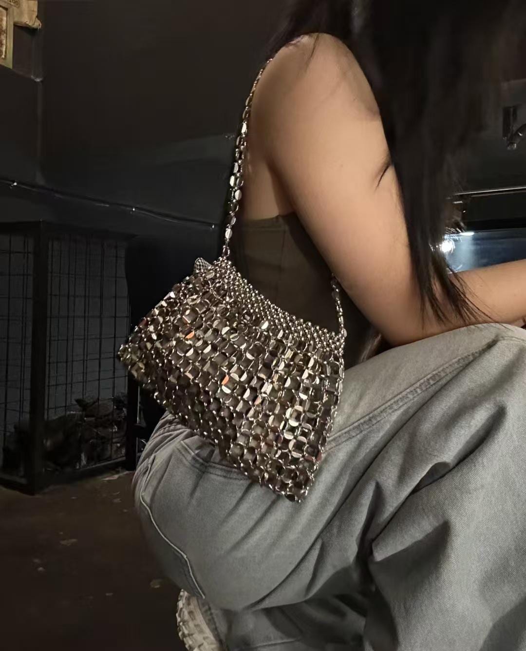 Handmade Silver Beaded Shoulder Bag – 26 × 16.5 cm Elegant Summer Purse | Dusty Rose