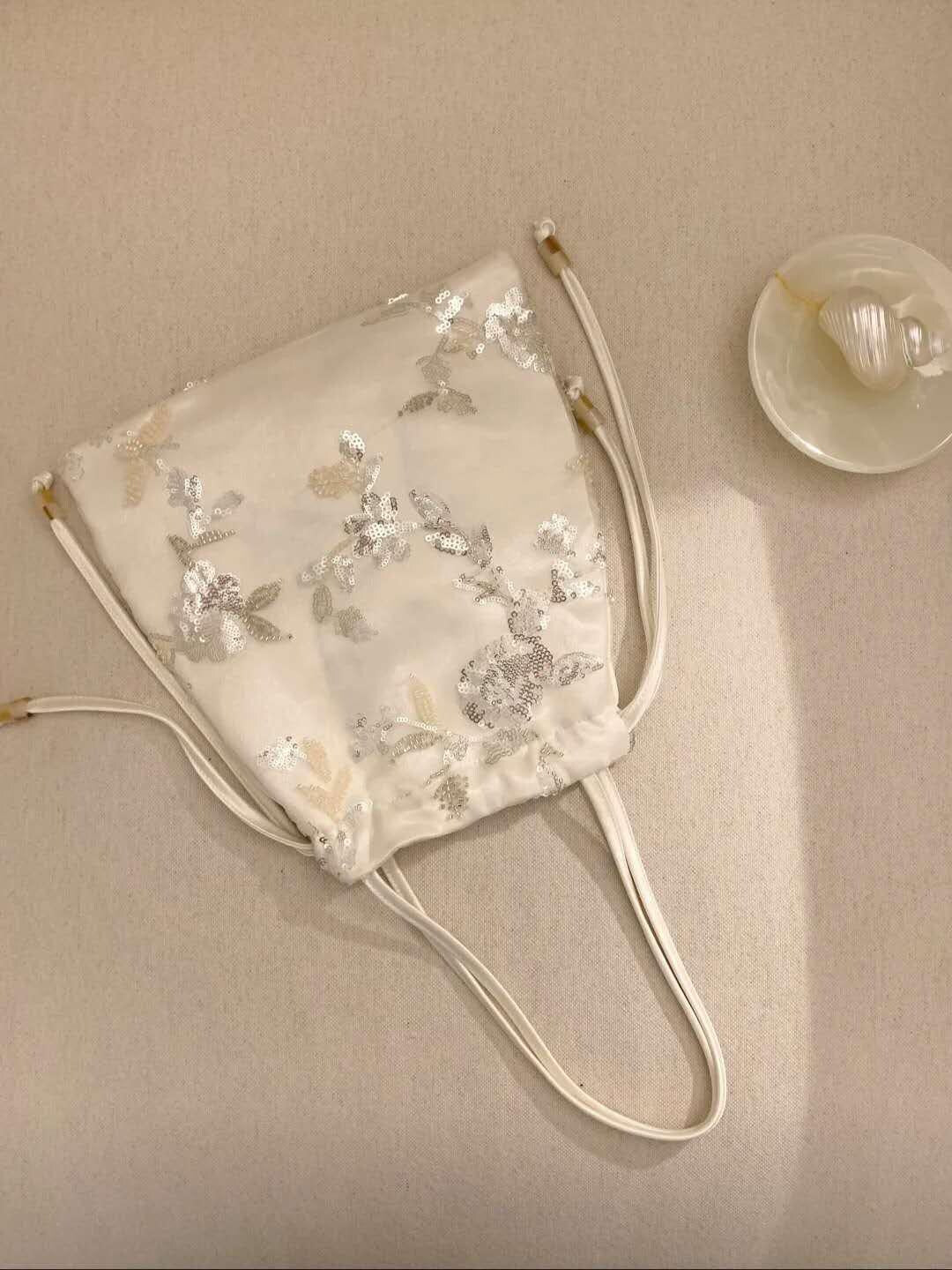 【031】Cloud Beaded Organza Drawstring Handbag – Fairy Mini Top Handle Bag Sequin Beaded Bag - Spring Summer Gift