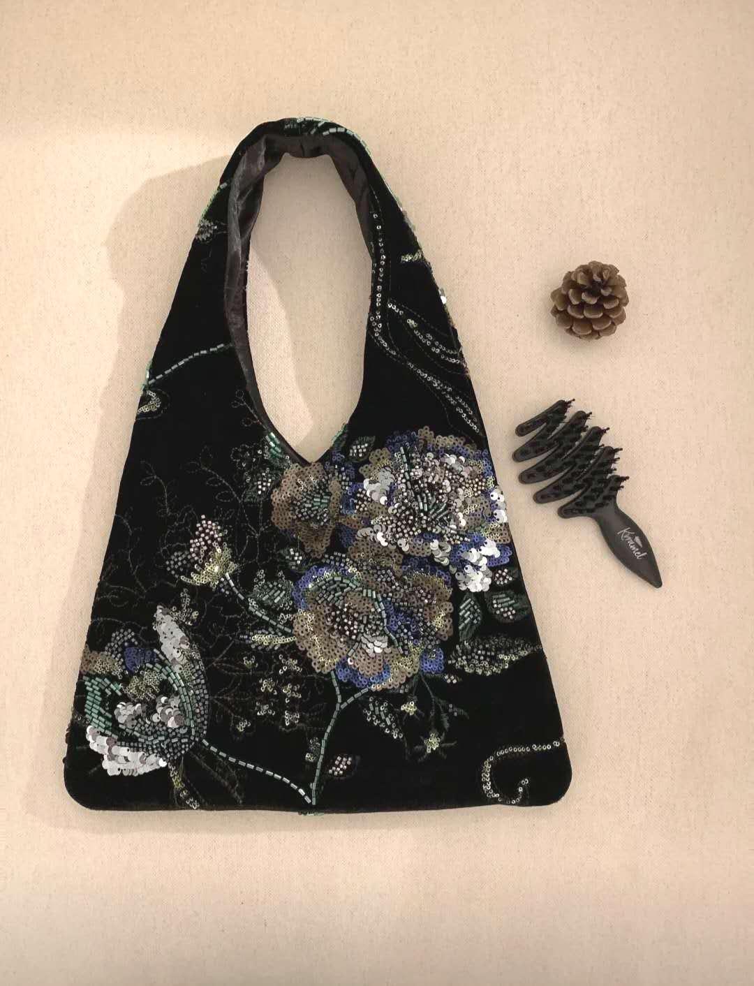 【001】Limited Edition – Floral Sequin Embroidered Velvet Handbag -CHECK SIZE ATTACHED