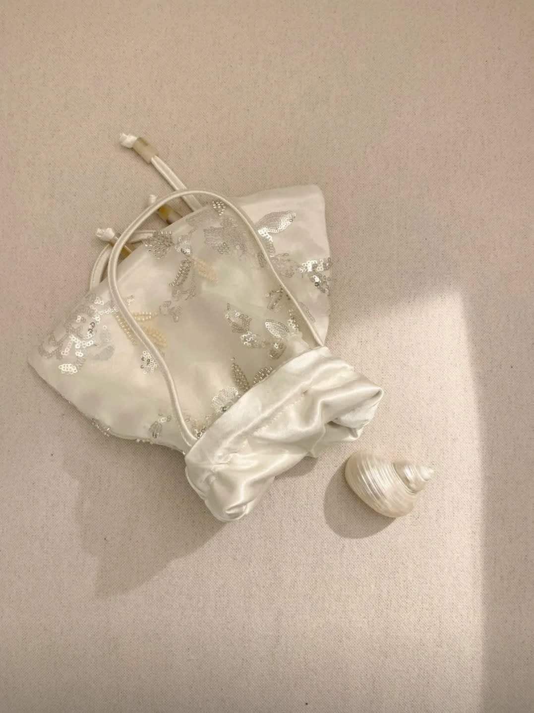 【031】Cloud Beaded Organza Drawstring Handbag – Fairy Mini Top Handle Bag Sequin Beaded Bag - Spring Summer Gift
