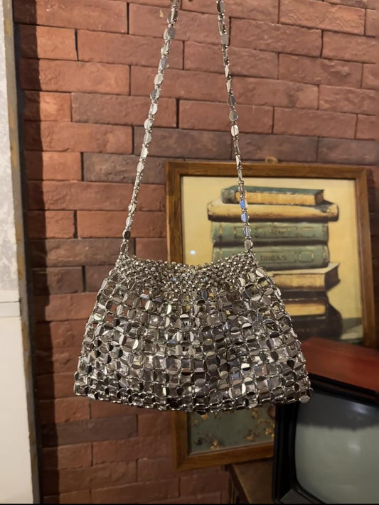 Handmade Silver Beaded Shoulder Bag – 26 × 16.5 cm Elegant Summer Purse | Dusty Rose