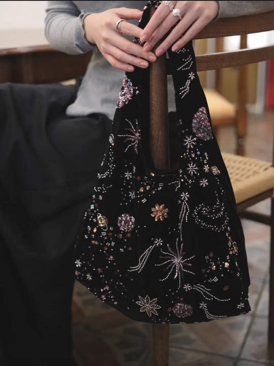 【011】Starlight Velvet Beaded Hobo Bag – Shoulder Bag