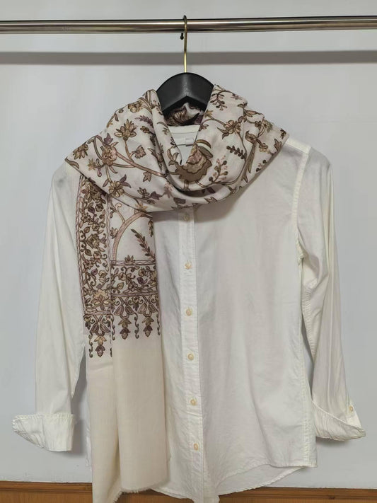 Timeless aesthetics handwoven scarf Natural pure cashmere scarf with stichwork embroidery Ethical luxury artisan gift for women