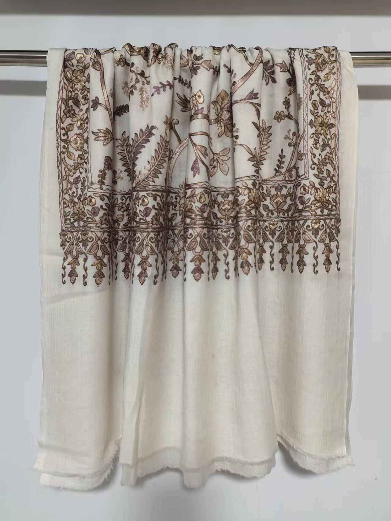 Timeless aesthetics handwoven scarf Natural pure cashmere scarf with stichwork embroidery Ethical luxury artisan gift for women