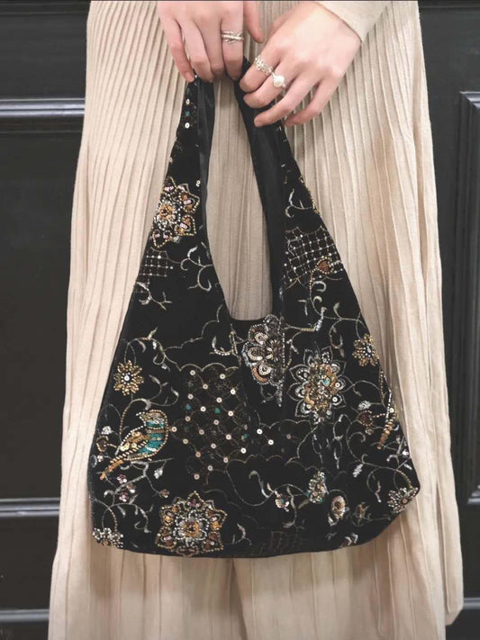 【017】Velvet Embroidered Bird & Floral Beaded Hobo Bag