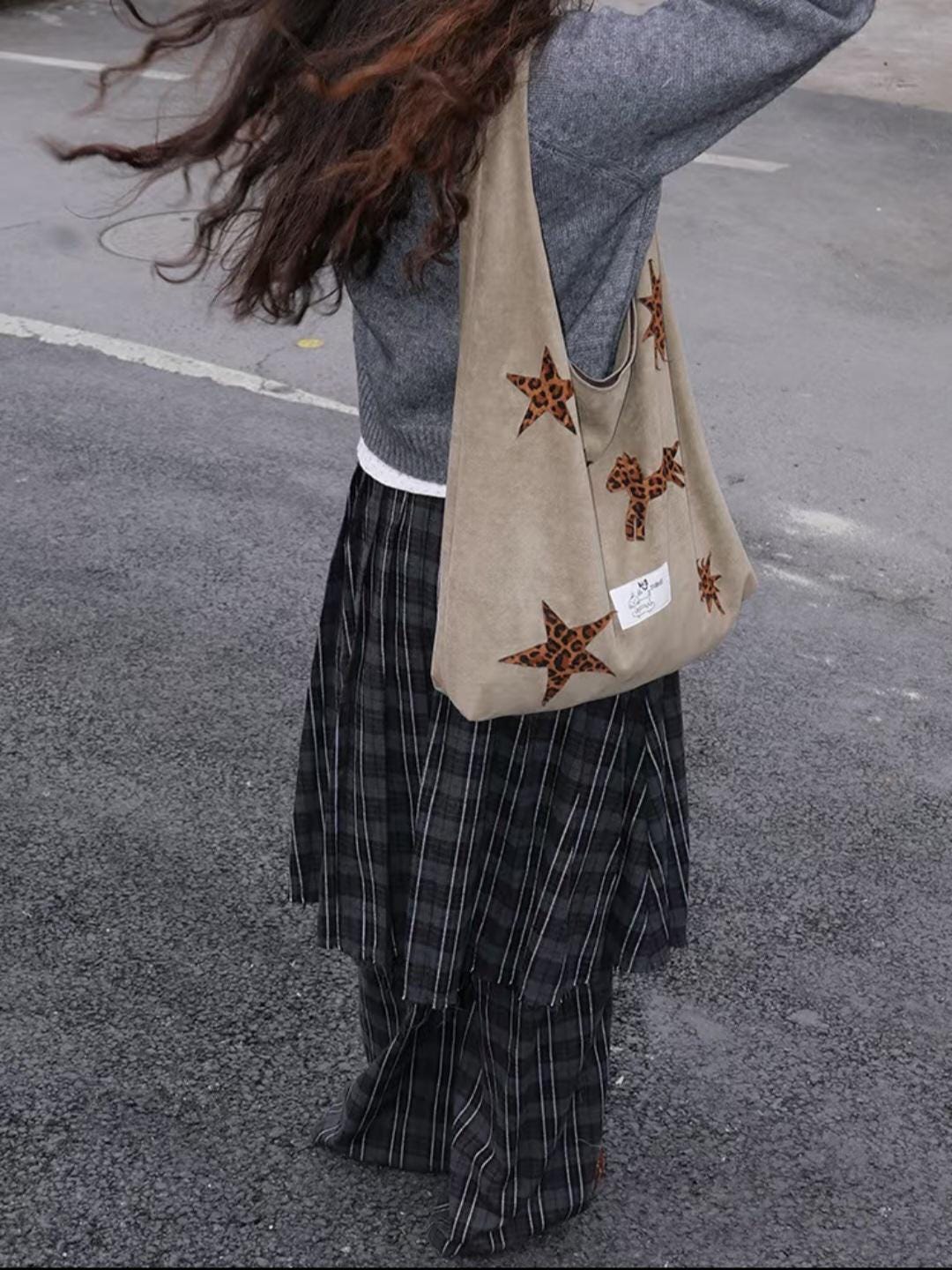 【037】Suede Hobo Bag - Leopard Star Pony Patchwork Shoulder Tote