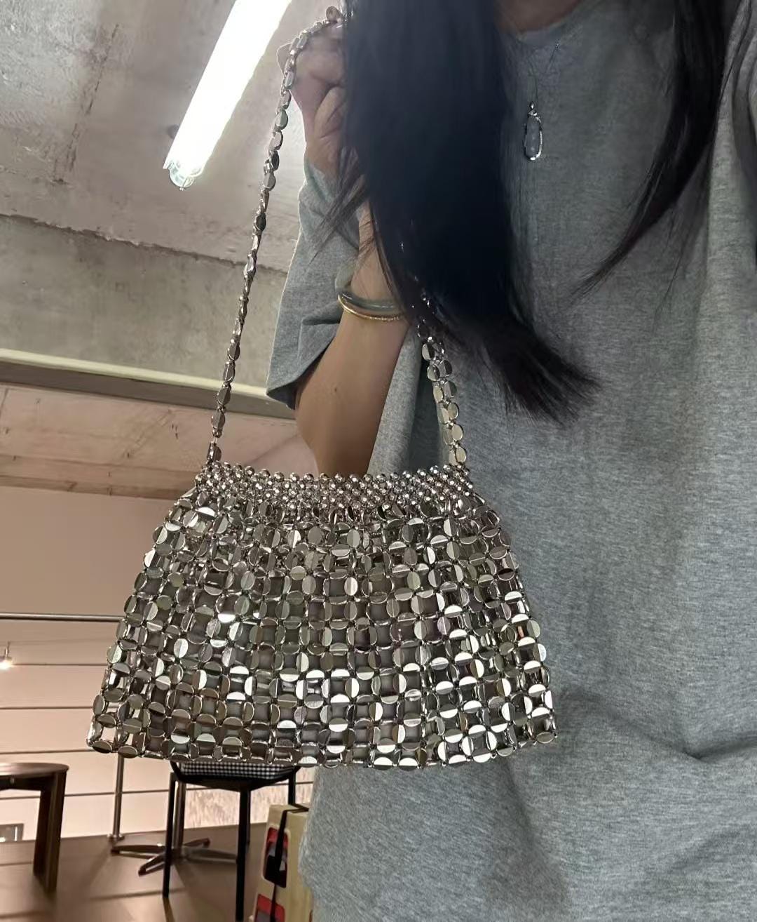 Handmade Silver Beaded Shoulder Bag – 26 × 16.5 cm Elegant Summer Purse | Dusty Rose