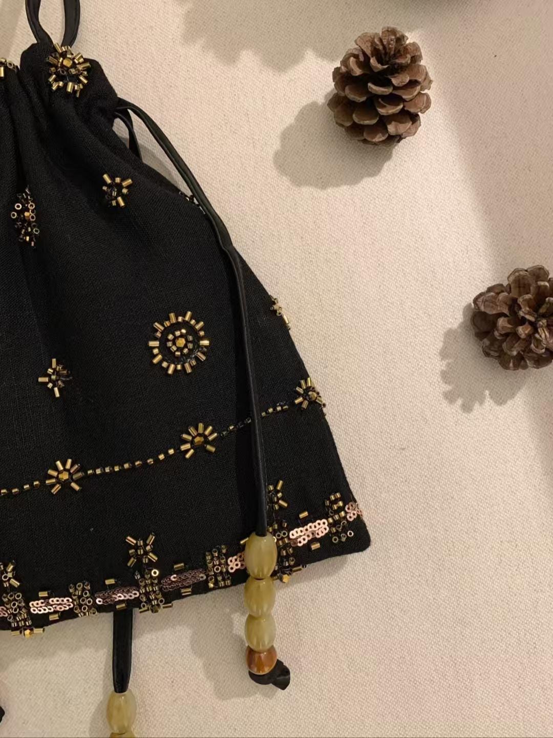 Geometric Beaded Drawstring Bag – Handcrafted Linen Purse with Embroidery | Rusty Rose