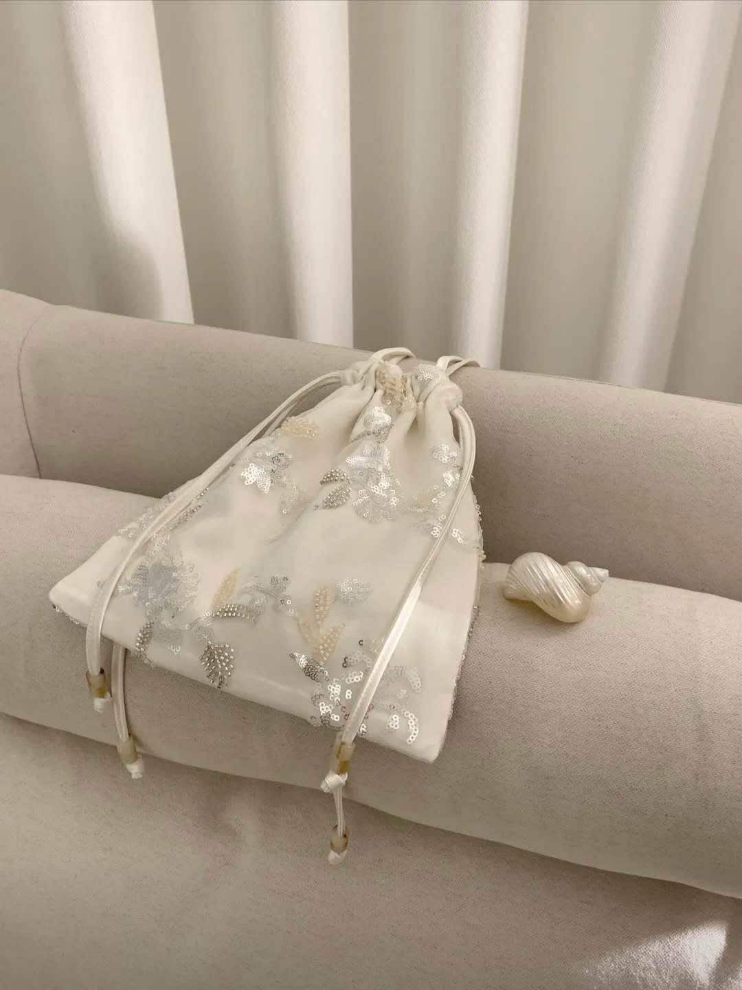 【031】Cloud Beaded Organza Drawstring Handbag – Fairy Mini Top Handle Bag Sequin Beaded Bag - Spring Summer Gift