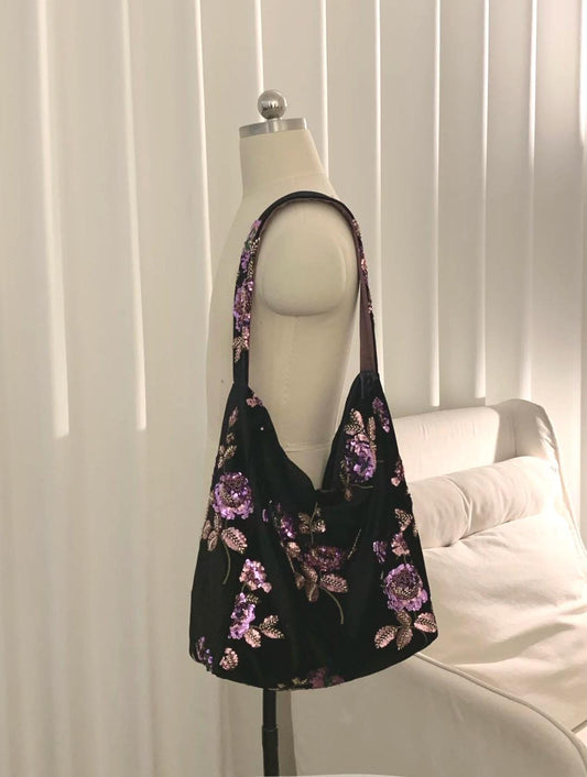Bloom Spring Handmade Black Velvet Beaded Bag – Sequin Floral Embroidery Shoulder or Crossbody Purse – Elegant Daily Bag | Dusty Rose