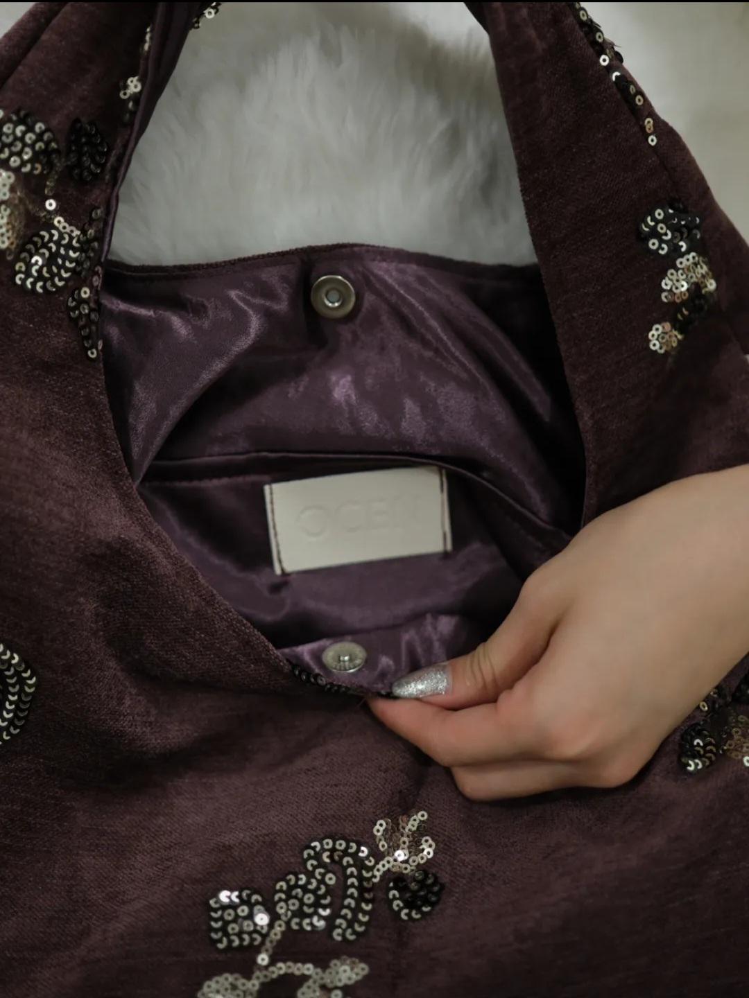 【014】Handmade Angora Red Sequin Hobo Bag - Chenille Shoulder Tote