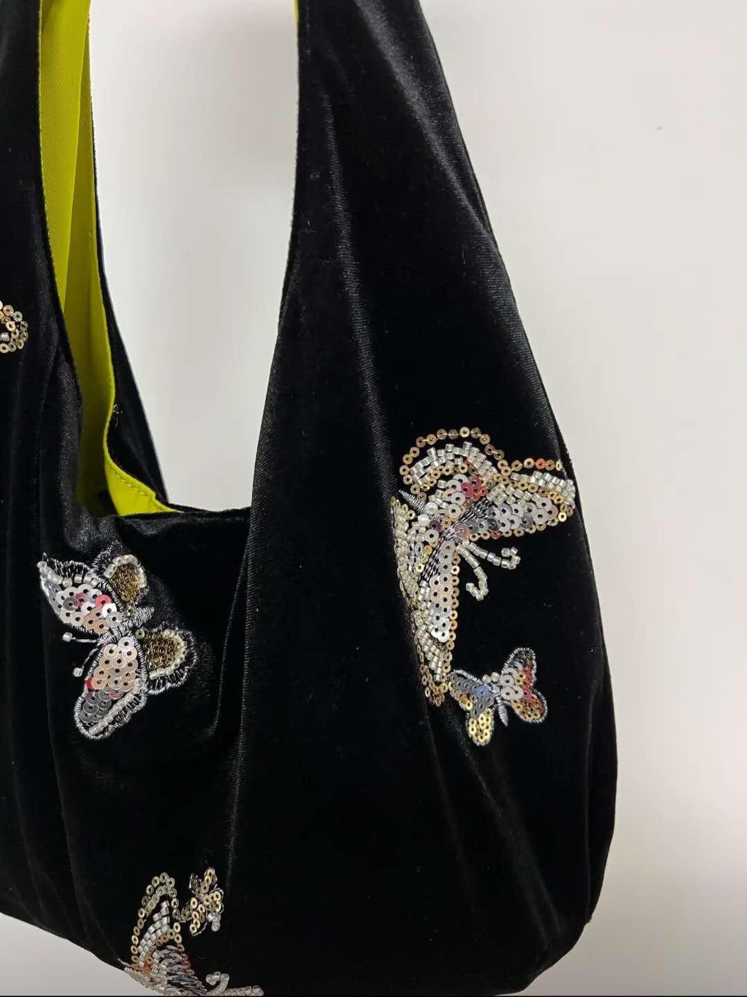 【018】Black Velvet Embroidered Bag - Oriental Butterfly Beaded Shoulder Bag