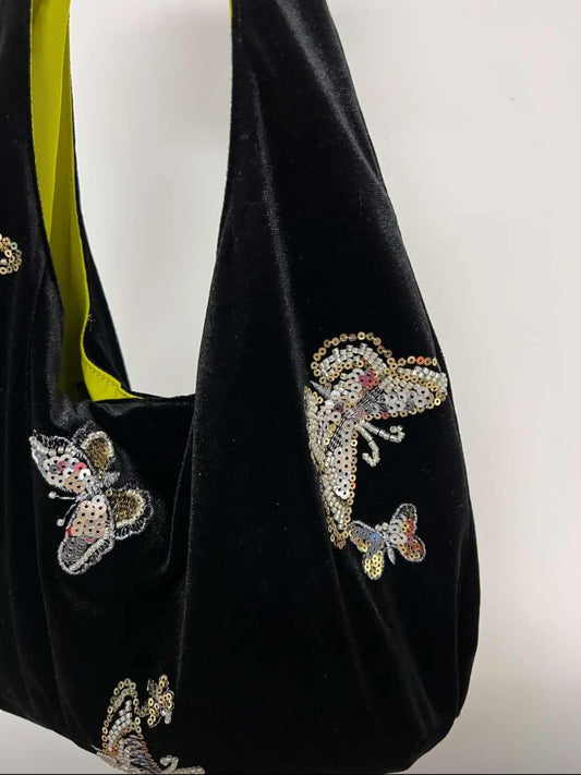 【018】Black Velvet Embroidered Bag - Oriental Butterfly Beaded Shoulder Bag