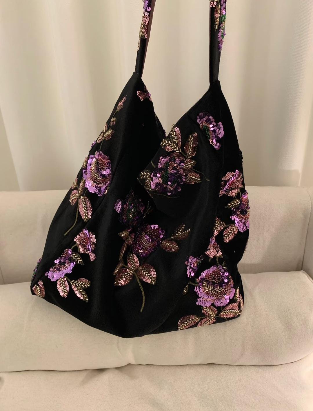 Bloom Spring Handmade Black Velvet Beaded Bag – Sequin Floral Embroidery Shoulder or Crossbody Purse – Elegant Daily Bag | Dusty Rose