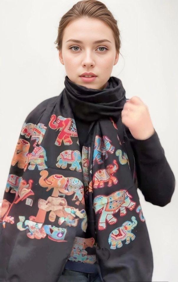 Handwoven Cashmere Scarf – Lucky Elephant Embroidery, Soft Winter Wrap, Sustainable artisan gift