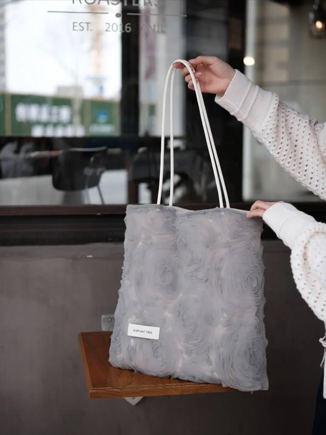 【046】Grey Rose Tulle Shoulder Bag – Romantic Grey Rose Tote