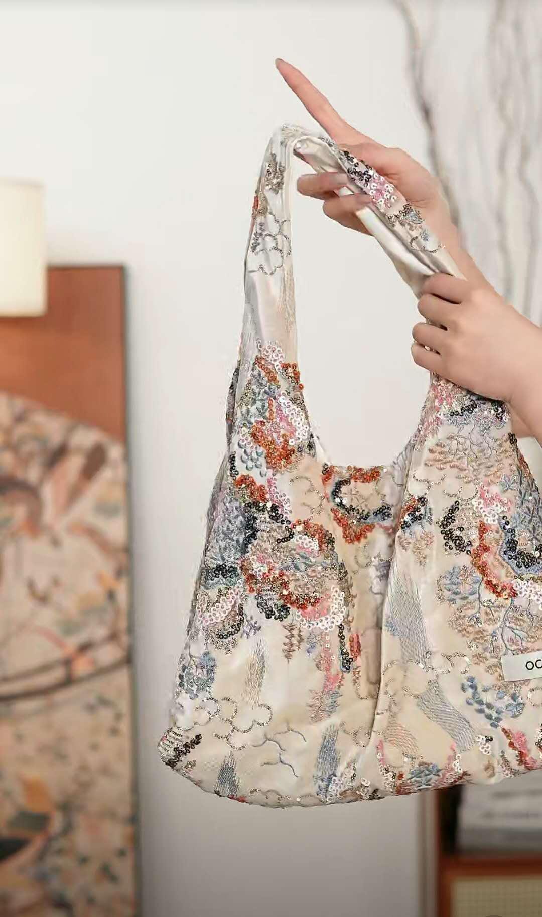 【033】Beige Velvet Sequin Hobo Bag – Large Floral Beaded Tote