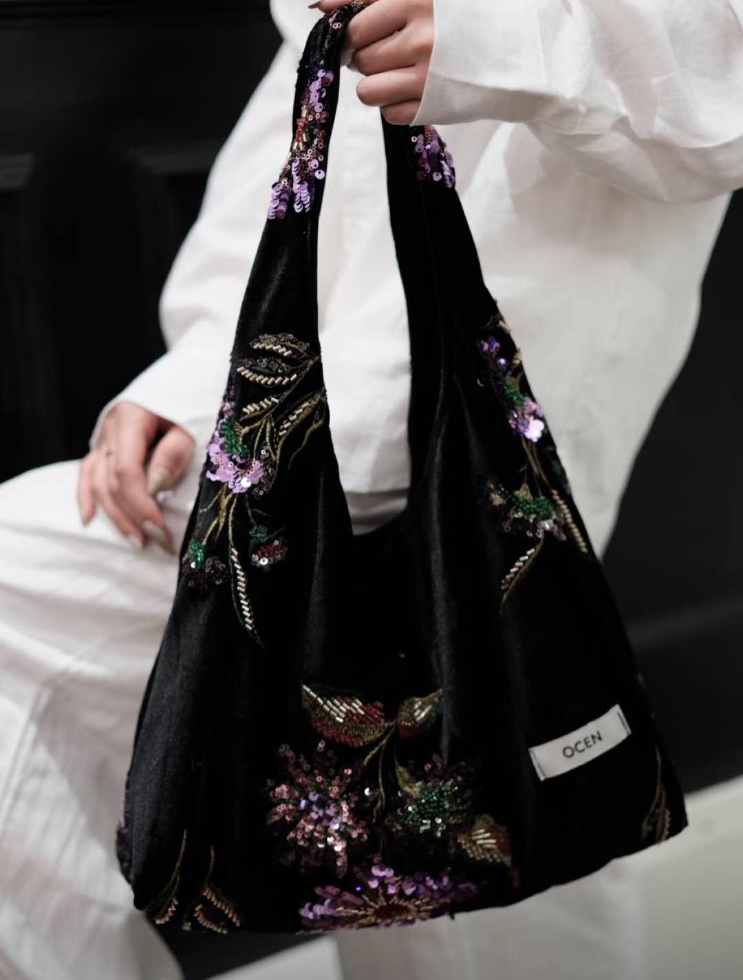 【009】Velvet Sequin Floral Hobo Bag – Oriental Inspired Shoulder Purse