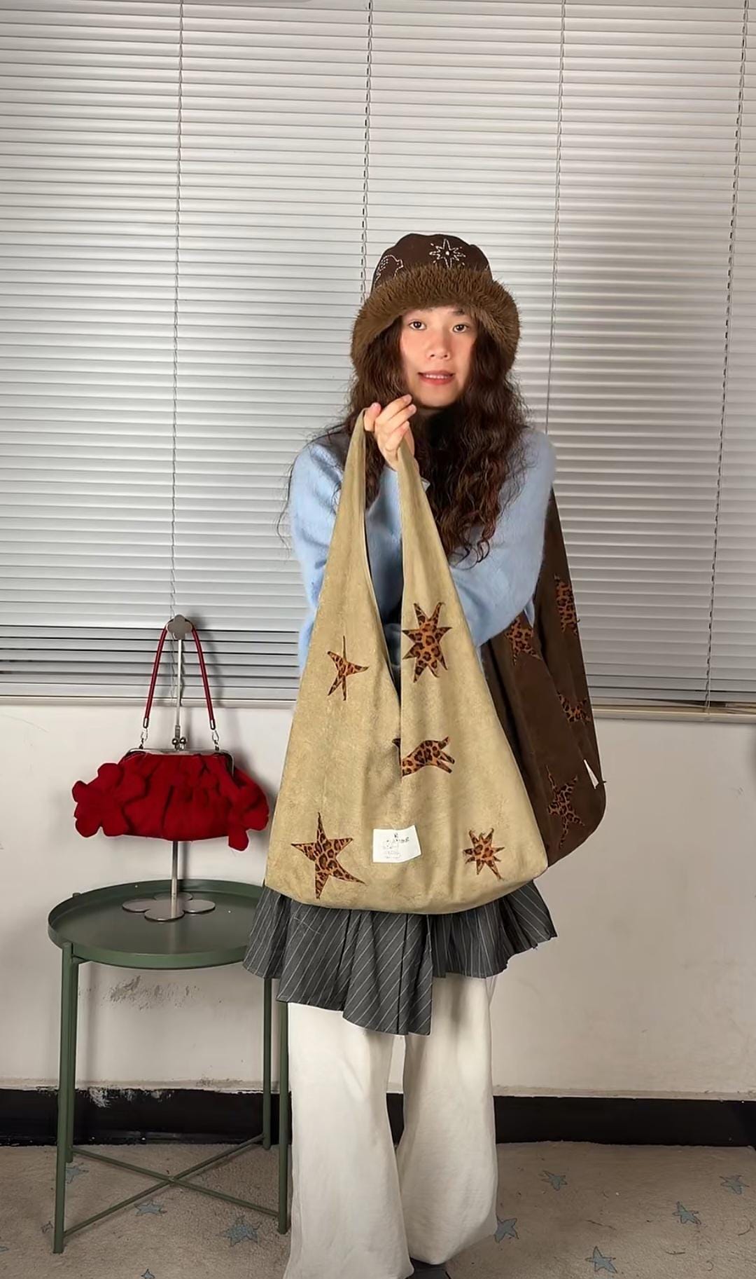 【037】Suede Hobo Bag - Leopard Star Pony Patchwork Shoulder Tote