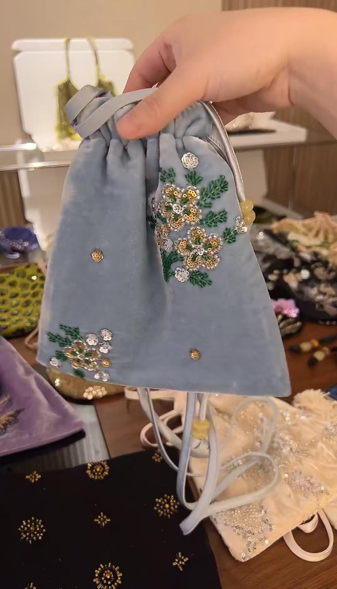 Powder Blue Velvet Crossbody Bag – 20×19 cm Floral Beaded Sequin Embroidery | Dusty Rose