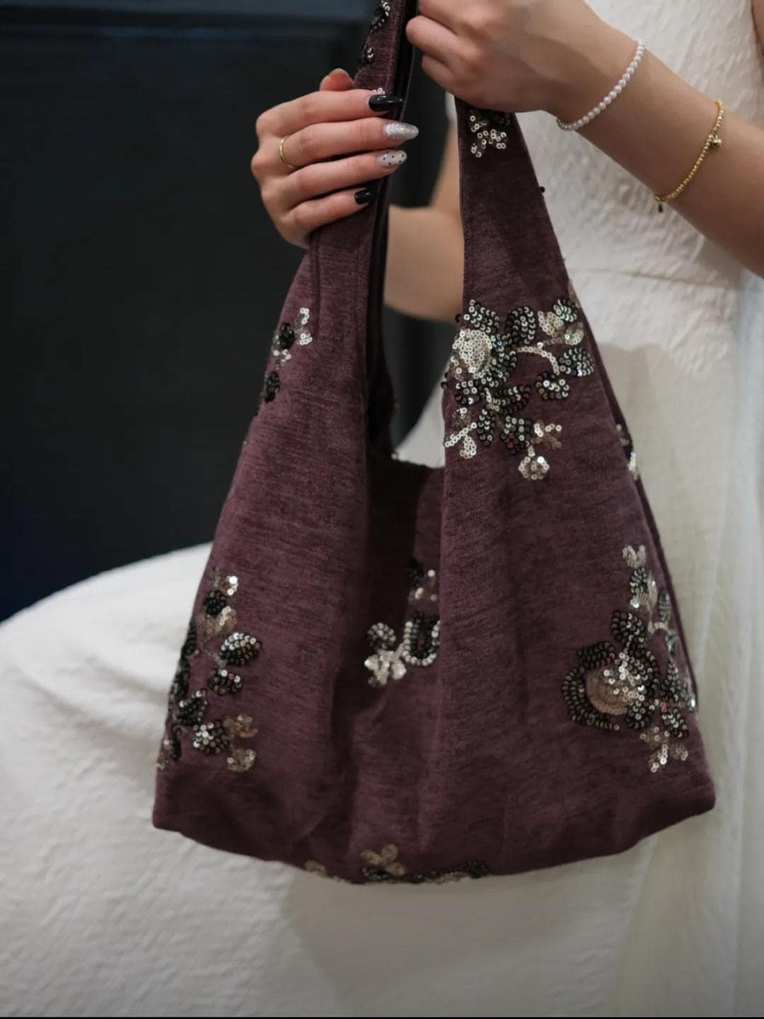 【014】Handmade Angora Red Sequin Hobo Bag - Chenille Shoulder Tote