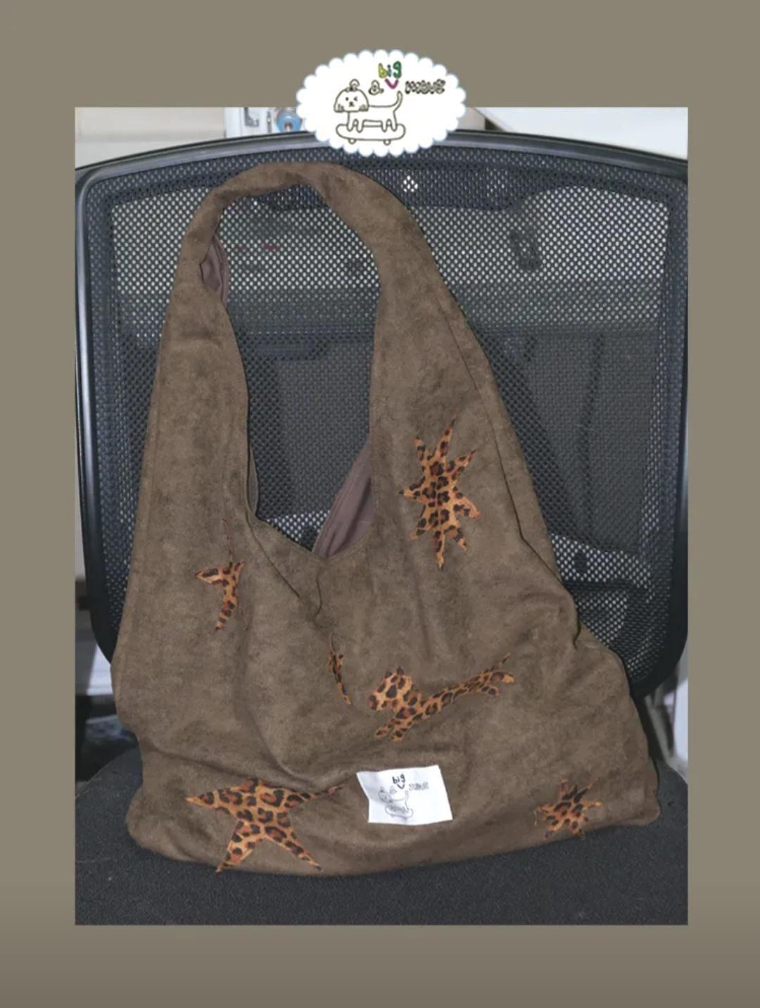 【038】Suede Hobo Bag - Leopard Star Pony Patchwork Shoulder Tote