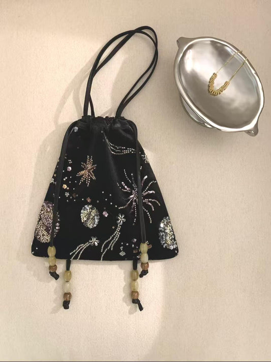 Starlight Velvet Drawstring Bag – 23 × 23 cm Beaded Star Embroidery Crossbody Tote | Dusty Rose
